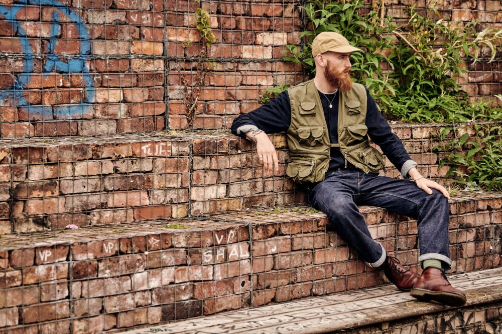 Chris wearing a reworking of the iconic B-1 Flight Cap