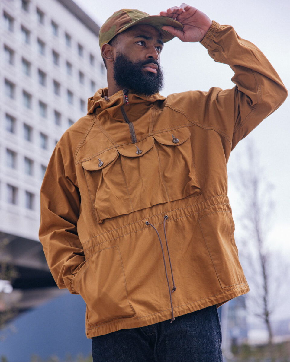 Gypsy & Sons Ventile Mountain Parka in gold with the Papa Nui Hell Cat Cap in San Marco Camouflage