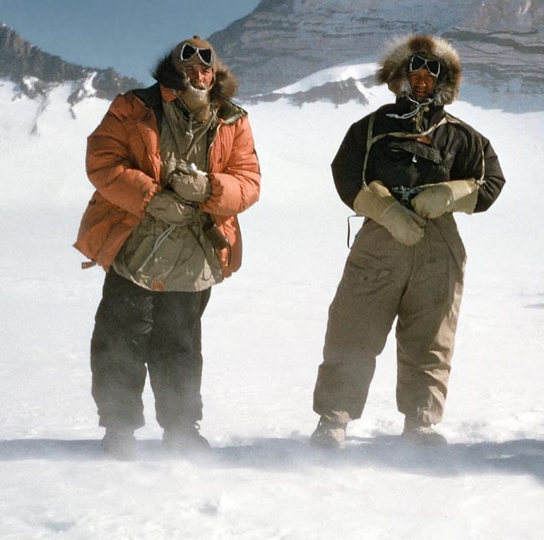 Sir Edmund Hillary and others wearing an Orange Ventile NZARP Parka